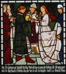 Bröllopet mellan Tristan och Isolde av de vita händerna, dotter till härskaren av Bretagne, från "Berättelsen om Tristan och Isolde", William Morris und Co. (målat glas)